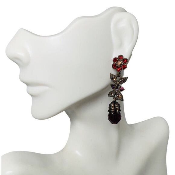 Hobe Red Flower Dangle Drop Earrings 2" Crystal Jewels Of Legendary Splendor - Picture 3 of 13